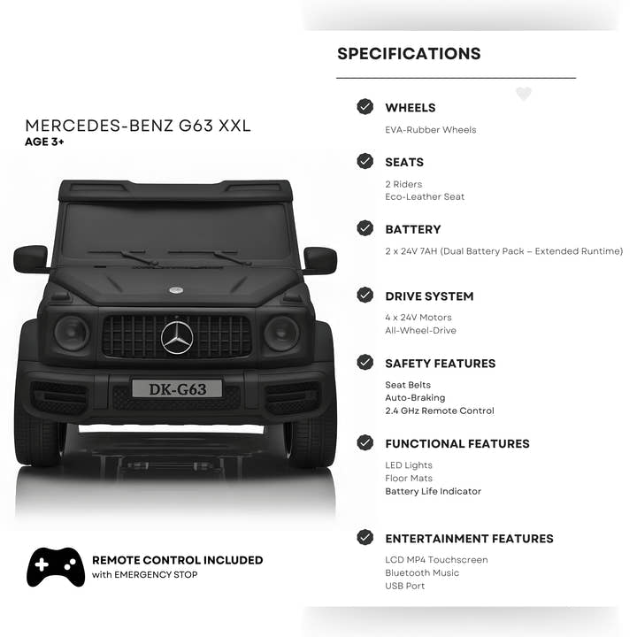 2x24V Platinum Matte Black Edition XXL 4x4 Mercedes G63 Kids' Ride on SUV W/ MP4, EVA Rubber Wheels & RC.