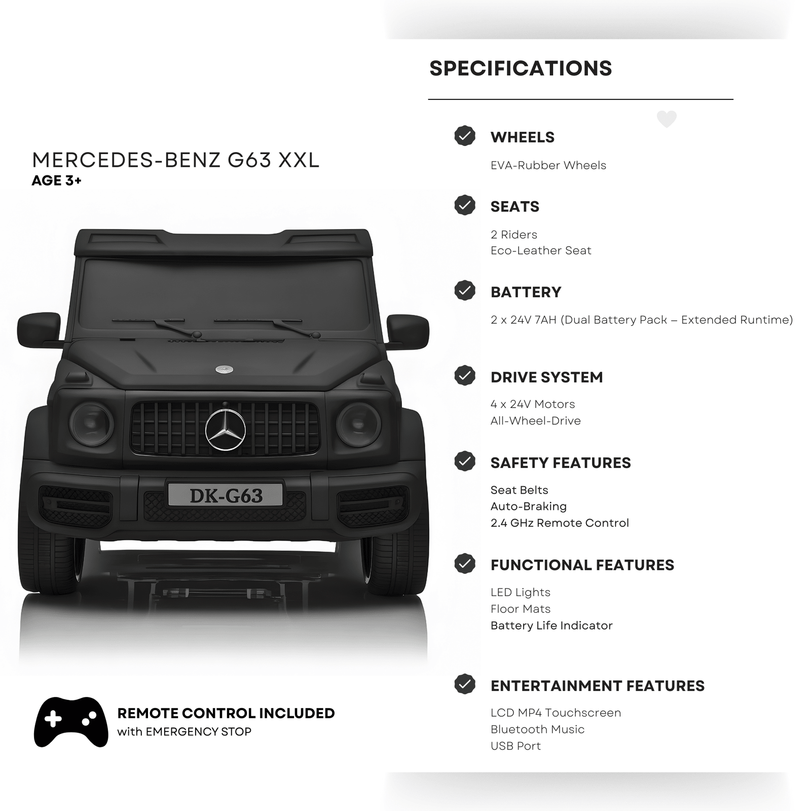 2x24V Platinum Matte Black Edition XXL 4x4 Mercedes G63 Kids' Ride on SUV W/ MP4, EVA Rubber Wheels & RC.
