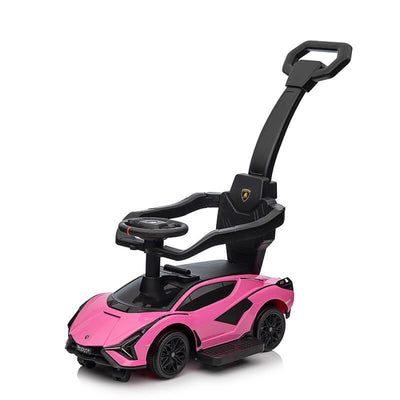 Pink Complete Edition Lamborghini Sian 3-in-1 Push Car / Stroller W/ Detachable Handle, Safety Guards, Lights & Music.