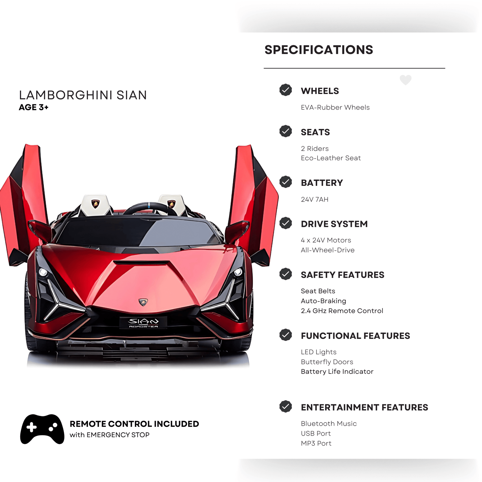 24V Luxurious Rosso Leto Lamborghini Sian 2-Seater 4x4 Ride-On Car W/ EVA Rubber Wheels, BT & RC.