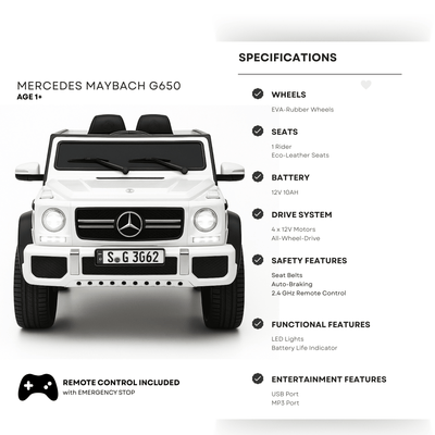 12V White Luxury Mercedes Maybach G650s Kids' 4x4 Ride-on SUV W/ Rubber Wheels, Music & RC.