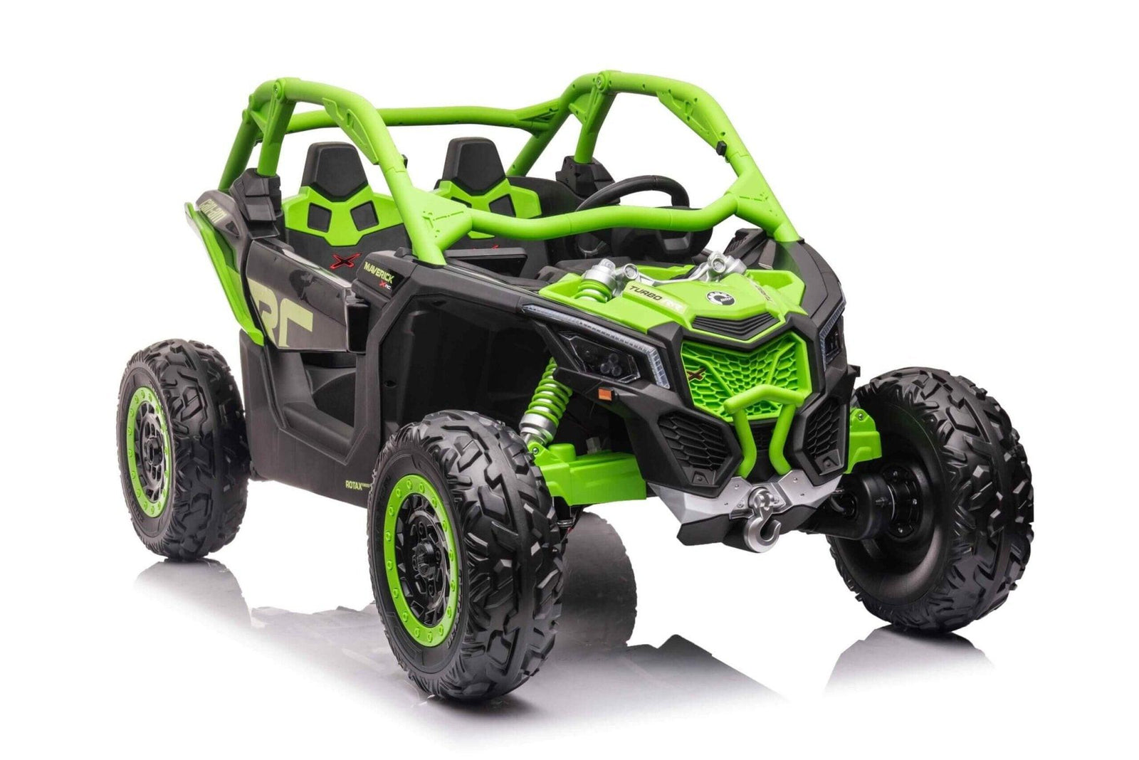 Green Licensed LX Performance Edition 2x24V Can-Am Maverick 4WD Double 24V Battery Pack, 2-Seater Kids' Buggy W/ Music, EVA Rubber Wheels, Leather Seats & RC.