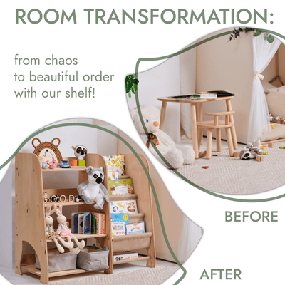 Wooden Montessori Shelves for Toddler 2in1: Bookshelf & Toy Shelving.