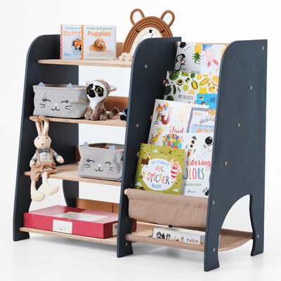 Wooden Montessori Shelves for Toddler 2in1: Bookshelf & Toy Shelving.
