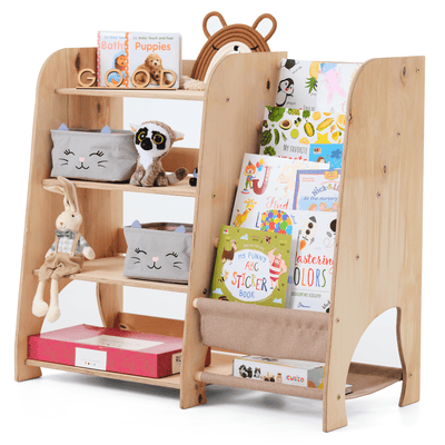 Wooden Montessori Shelves for Toddler 2in1: Bookshelf & Toy Shelving.