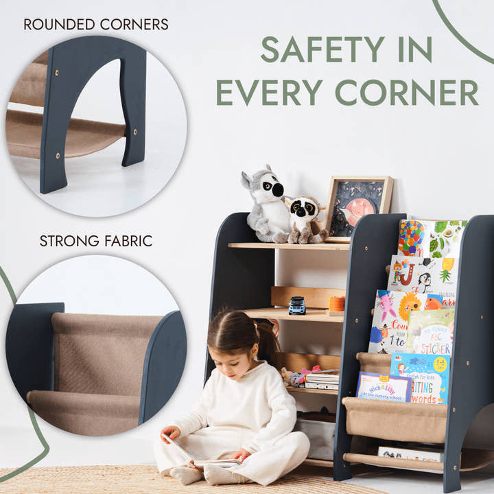 Wooden Montessori Shelves for Toddler 2in1: Bookshelf & Toy Shelving.
