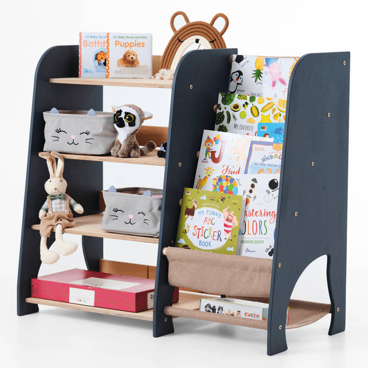 Wooden Montessori Shelves for Toddler 2in1: Bookshelf & Toy Shelving.