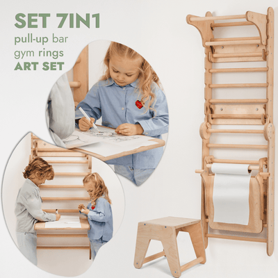 Wooden Swedish Wall / Climbing ladder for Children + Swing Set + Slide Board + Art Add-on.