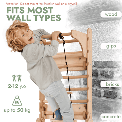 Wooden Swedish Wall / Climbing ladder for Children + Swing Set + Slide Board + Art Add-on.