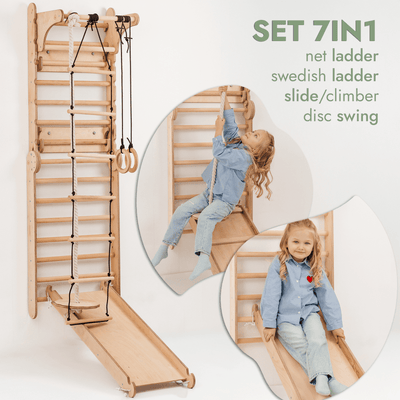 Wooden Swedish Wall / Climbing ladder for Children + Swing Set + Slide Board + Art Add-on.