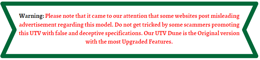 Banner warning against misleading ads for the Black 2 Seats Kids XXL Edition 4X4 Dune Buggy 24V Ride On UTV with Rubber Wheels and RC, emphasizing its the original model with upgraded features. Border in green, highlight terms in red and black to caution against scammers.