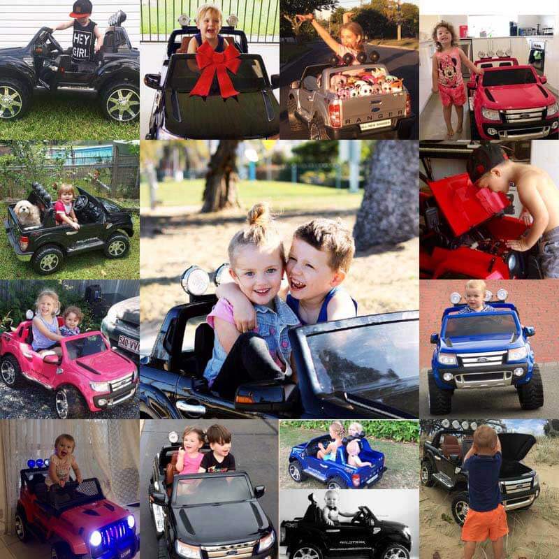 Collage of happy children enjoying various KidsVIP ride-on toys, featuring a variety of electric cars for kids such as stylish SUVs and sporty convertibles, capturing the essence of childhood joy, freedom, and the excitement of driving their own little cars for kids in different settings