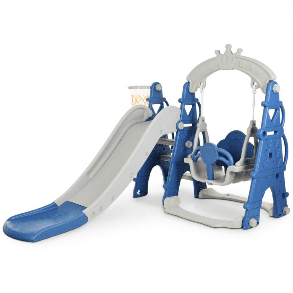 Luxury Crown Edition Kids, Toddlers and Baby Slide with Full Step, Swing, Basket Ball Net
