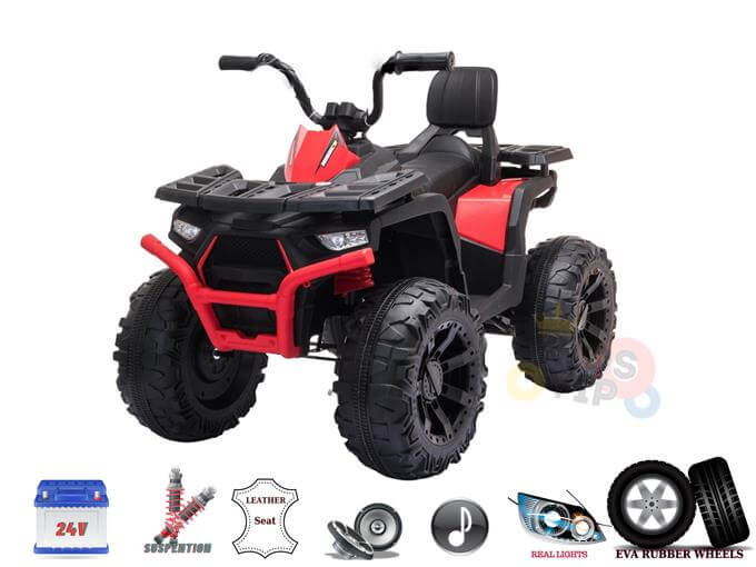 Titan Edition 24V Kids’ Ride-On Quad ATV | Rubber Tires, Leather Seat, MP3, USB | Red