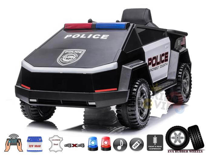 Future Police Officer 12V Ride On Car For Kids and Toddlers With Leather Seat, Rubber Wheels & Remote Control