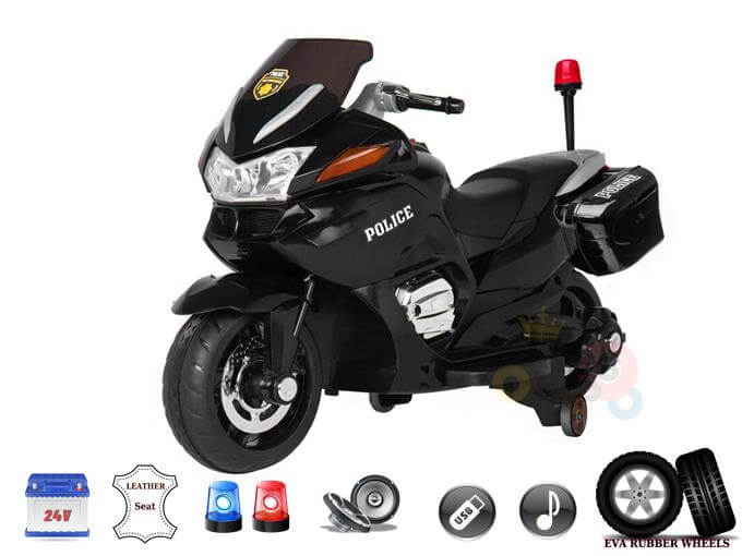 Police Officer Edition 24V Ride-On Motorcycle | Removable Stabilizing Wheels, SD, USB | Black