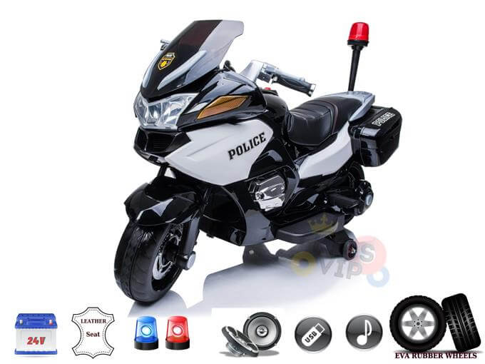 Police Officer Edition 24V Ride-On Motorcycle | Removable Stabilizing Wheels, SD, USB | White