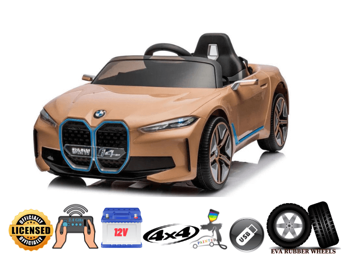 Complete Edition camel color 12V Licensed BMW I4 Kids and Toddlers 4WD Ride on Car, RC