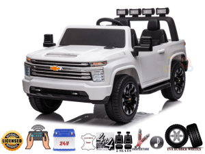A two-seater, officially licensed Chevrolet ride-on truck for kids, featuring a 24V battery, leather seats, 4x4 suspension, and EVA rubber wheels, designed to provide a safe and realistic driving experience for adventurous young drivers.